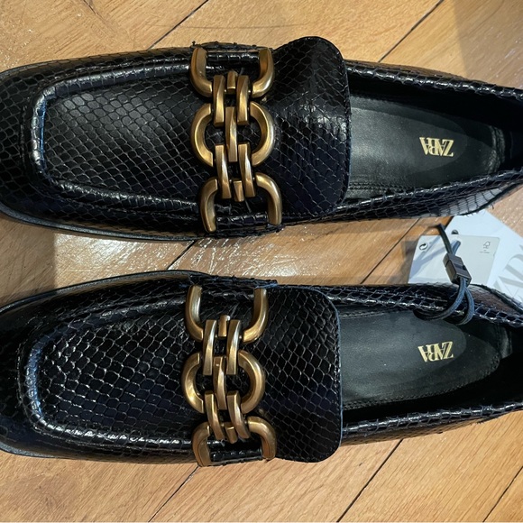 Zara Leather Black and Gold Animal Print Snakeskin Print Loafers - Picture 9 of 13
